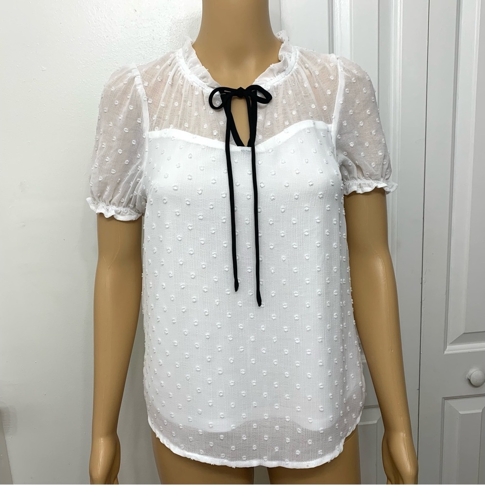 Monteau Swiss Dot White short sleeve Top Blouse Women’s Size S